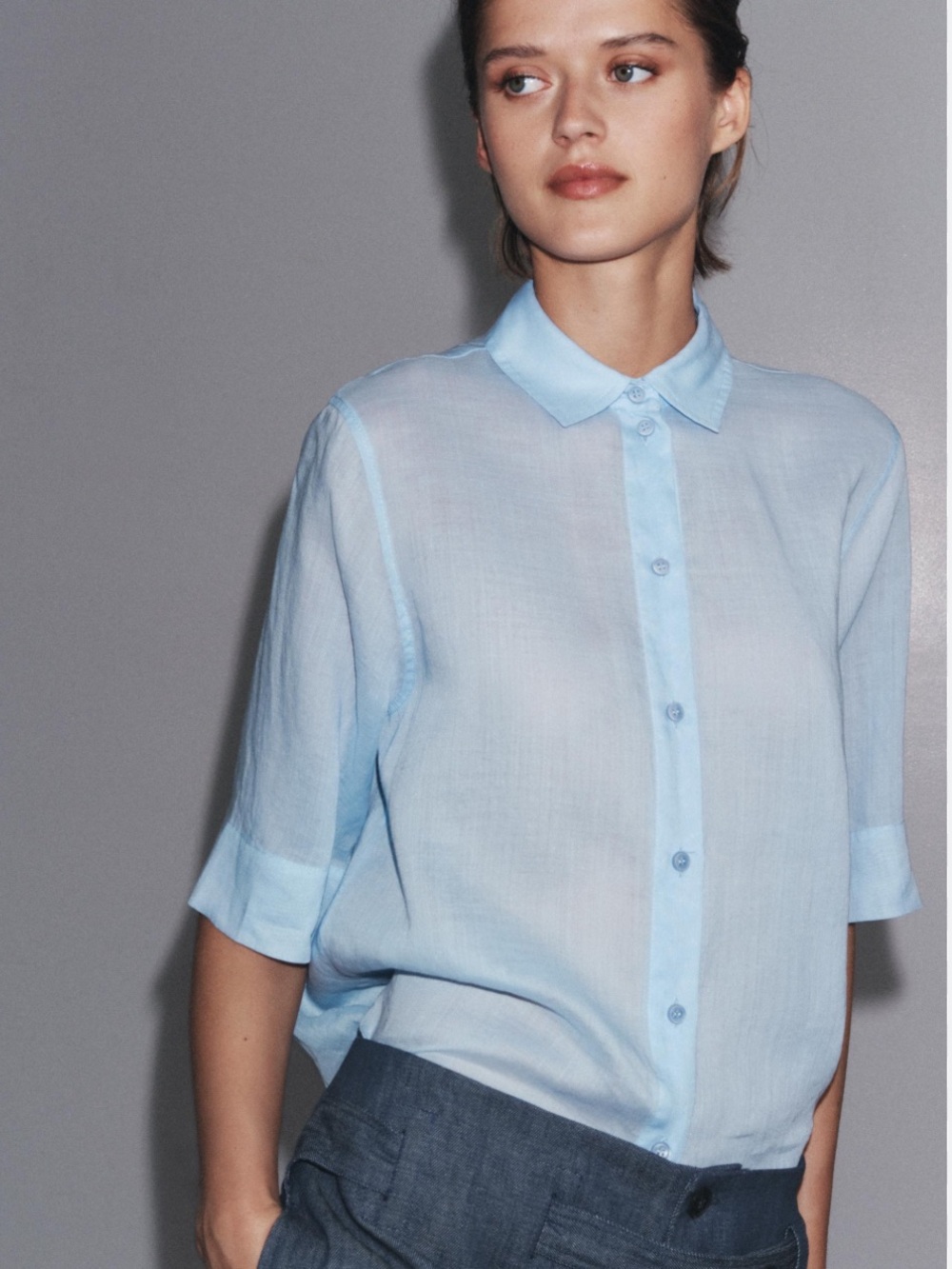 Zara Blue Semi-Sheer Ramie Button-Up Shirt